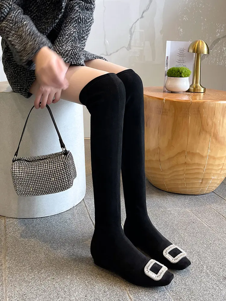 Black Velvet Rhinestone Over-the-Knee Stiletto Boots 5009 (28)