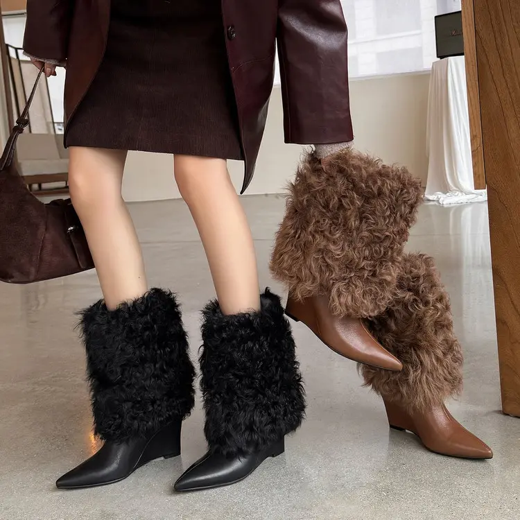 Women's Wool Mid-Calf Boots with Wedge Heel-5