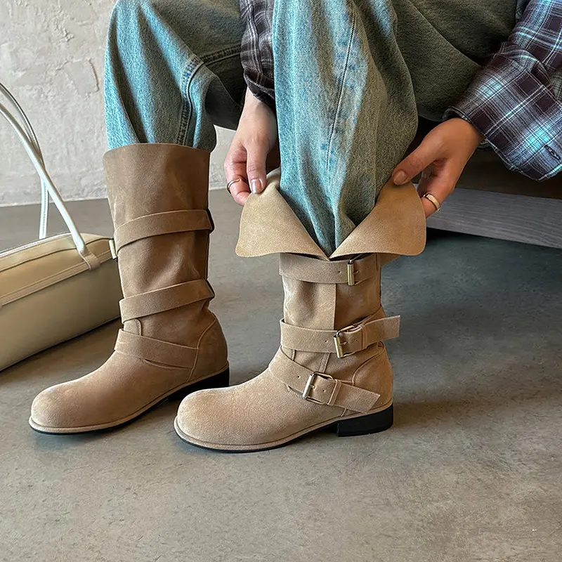 OEM Multi-Buckle Suede Western Mid-Calf Boots