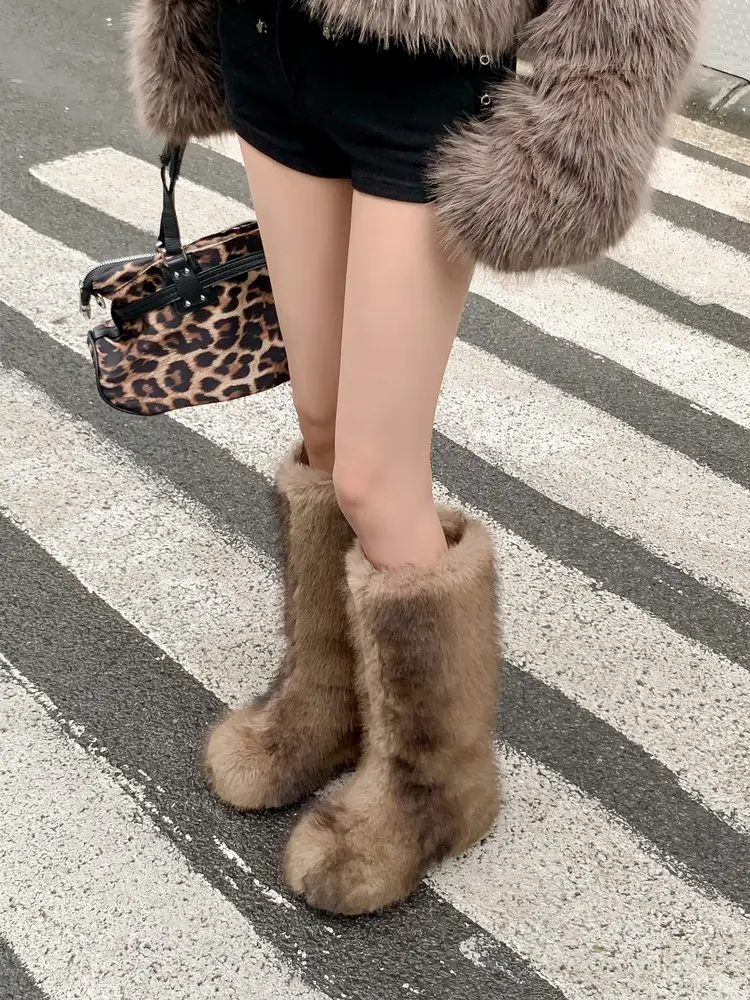 Rabbit Fur Snow Boots Genuine Leather & Slip-Resistant 23
