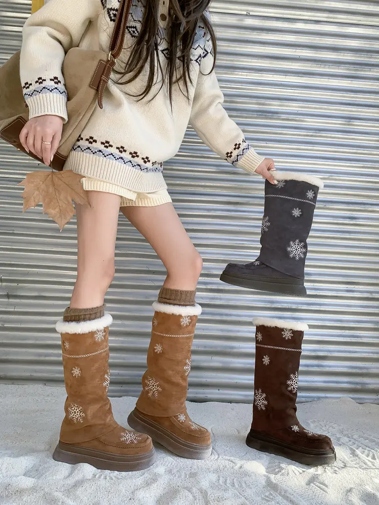 Women's Wool Knee-High Boots for Christmas Suede Upper 28