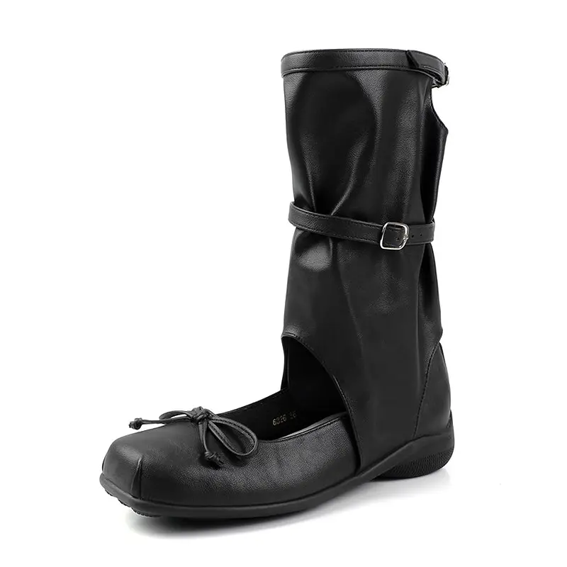 OEM Balletcore Leather and Denim Mid-Calf Boots
