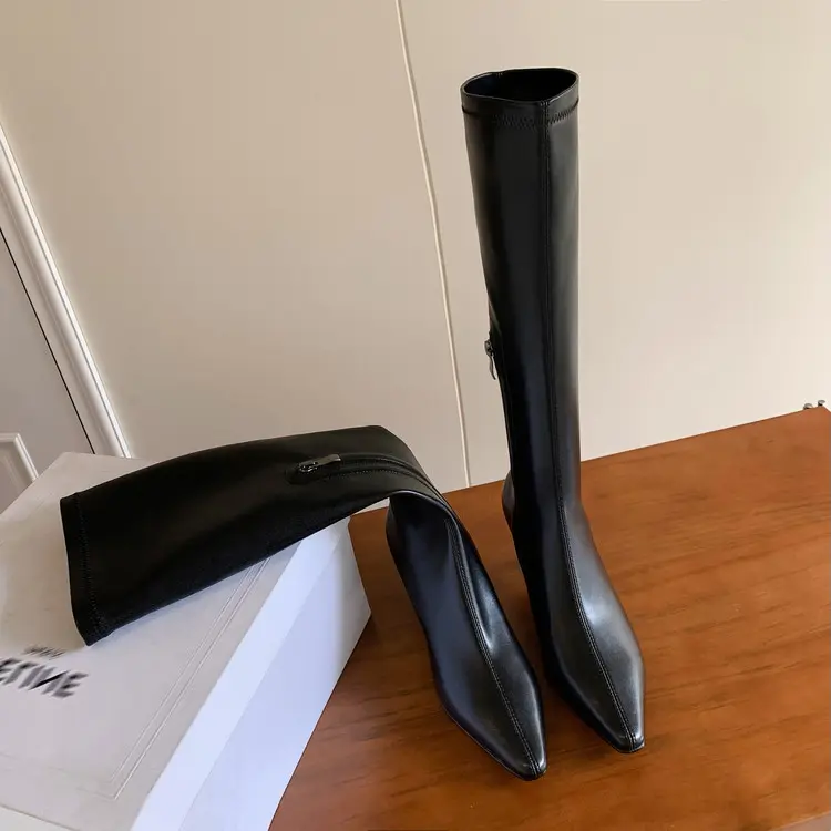 Wholesale Microfiber Low Stiletto Knee High Boots