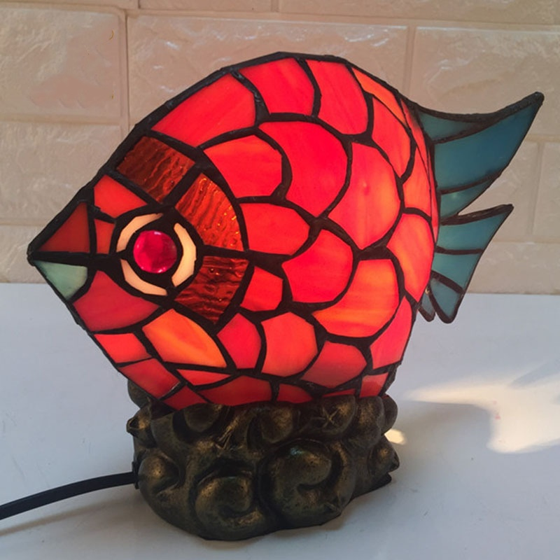 Tiffany Stained Glass Fish Accent Lamp with European Art Deco Design