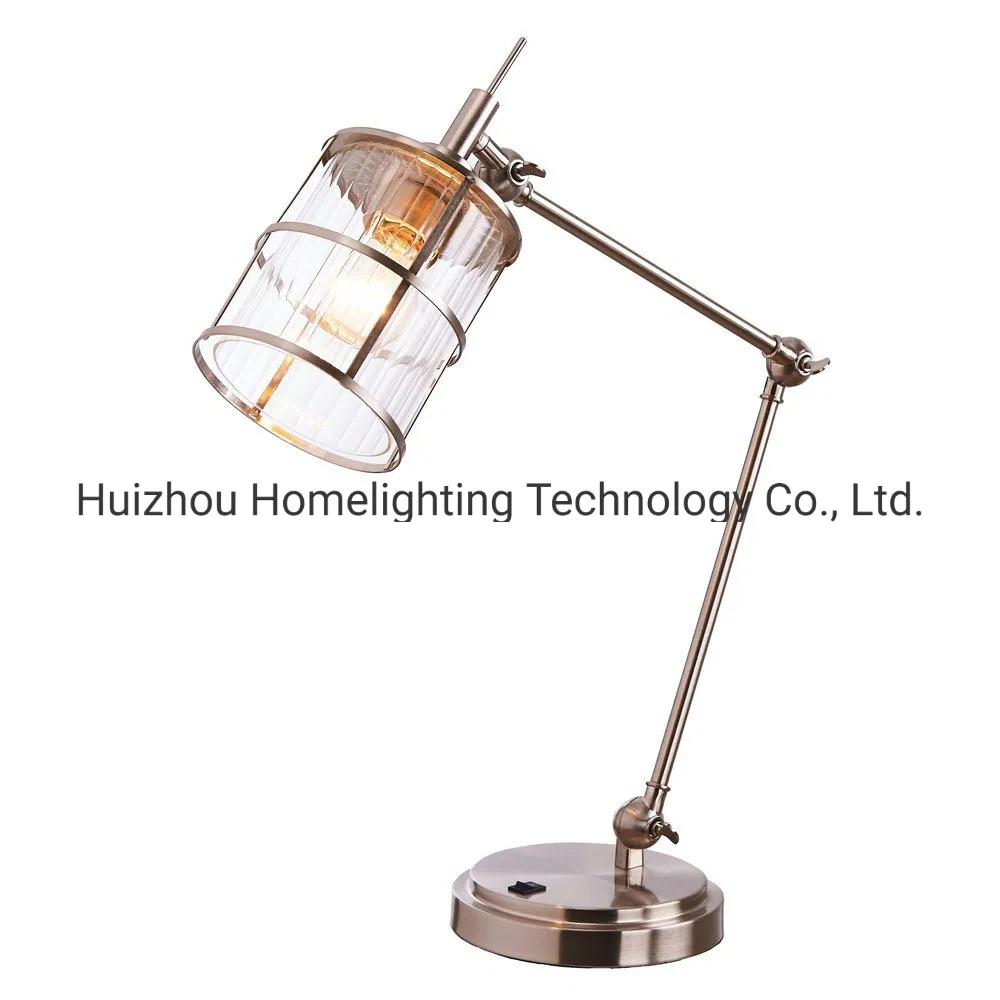 Jlt-Ht10 Ribbed Cleat Glass Shade Adjustable Task Desk Lamp with Power Outlet on Base