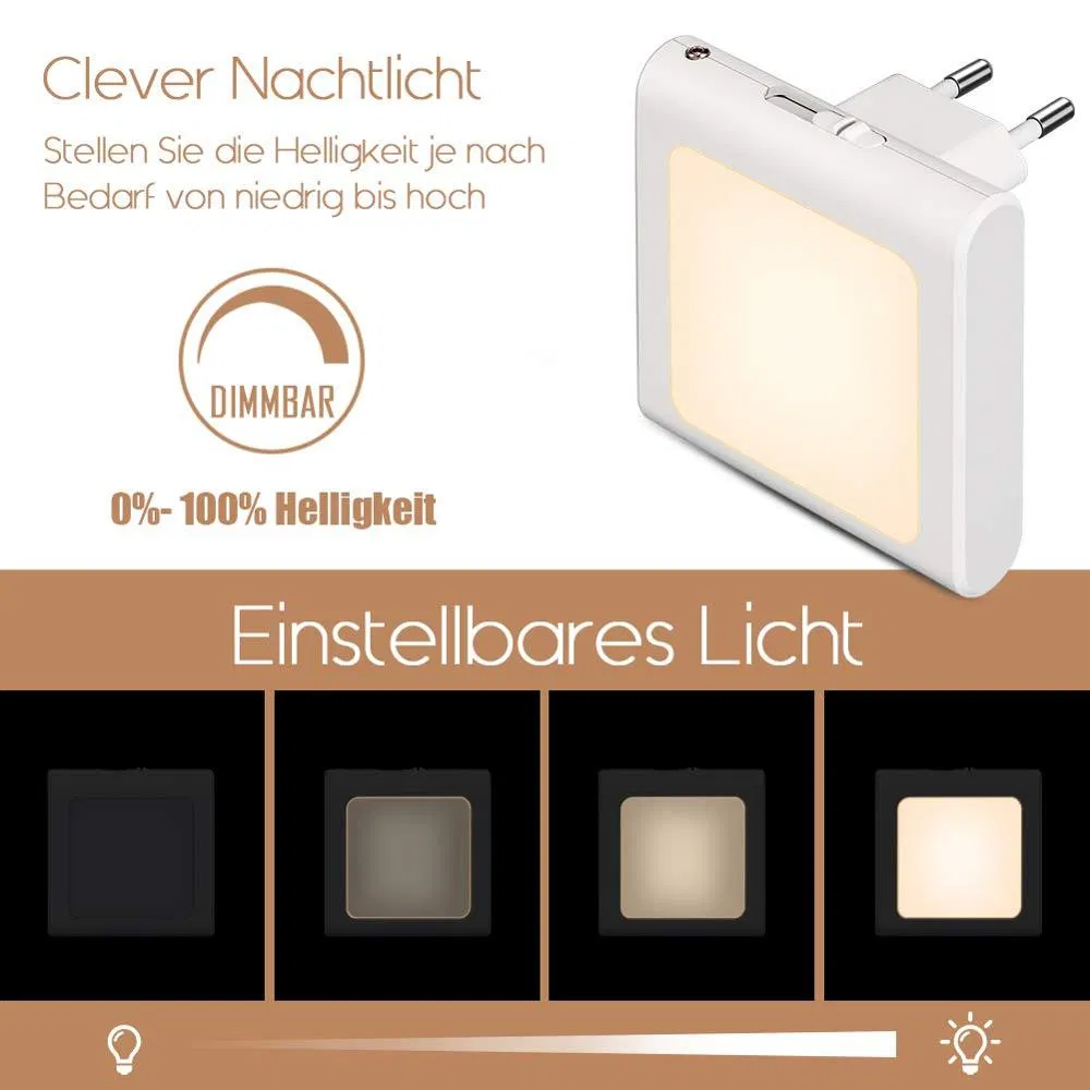 Energy Saving Plug-in Light Sensor Stepless Dimmable LED Night Lamp with Design Patent Certification