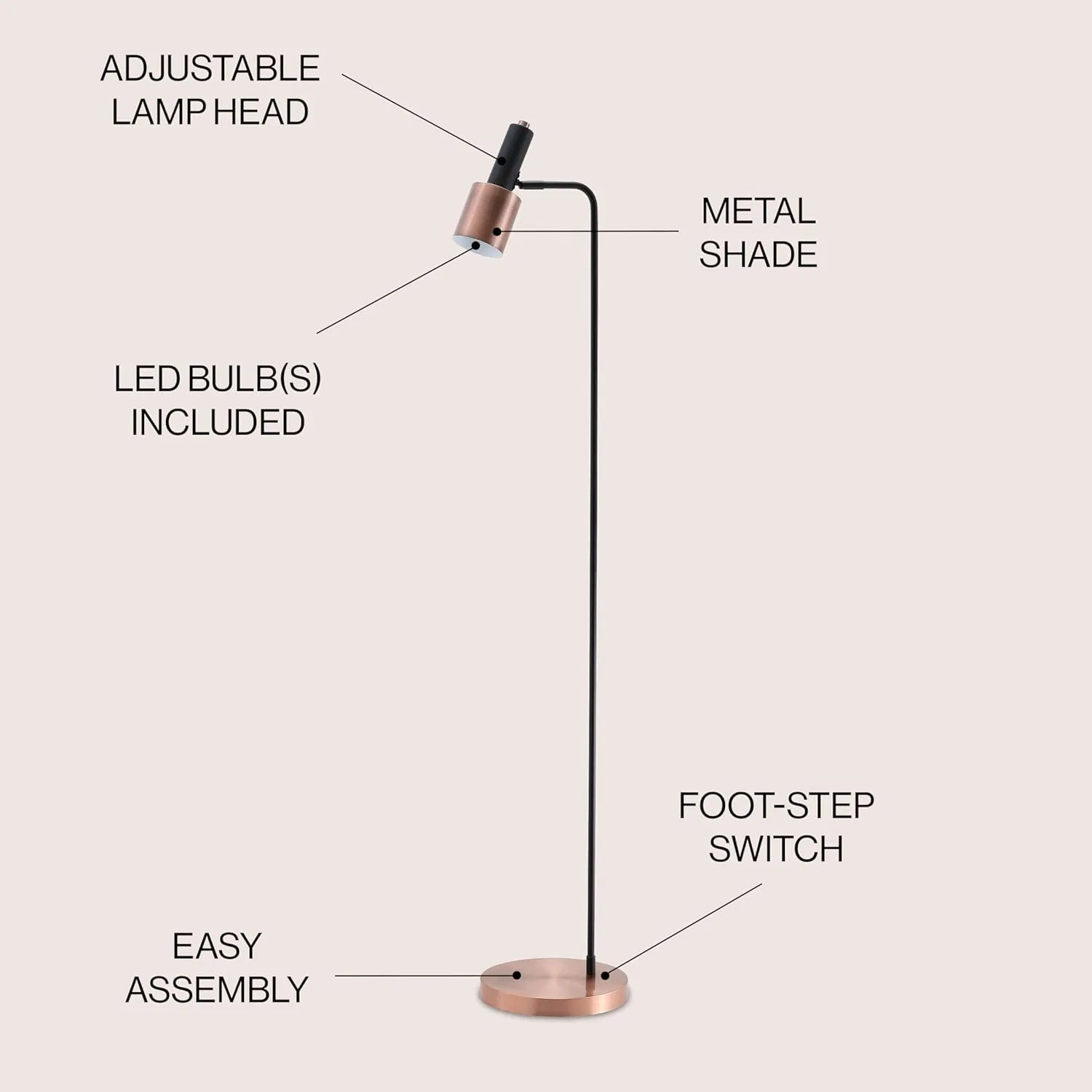 Brady Metal LED Task Contemporary Modern Transitional Midcentury Copper Black Floor Lamp