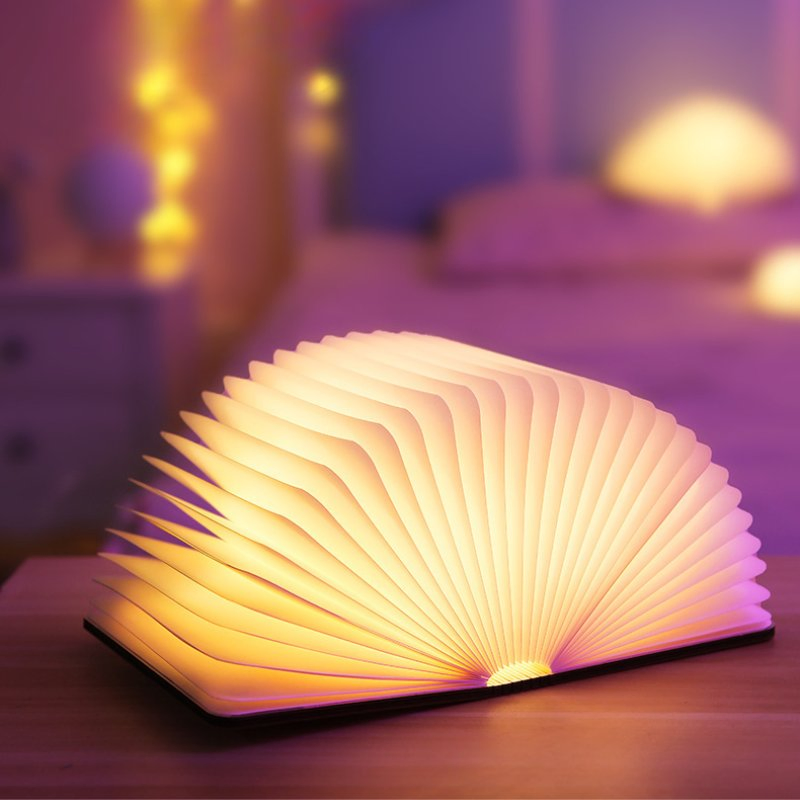 LED Table Lamp USB Wireless Battery Powered Wooden &amp; Paper Book Reading Light with Paper Shade Warm White Bedroom Book Lamp
