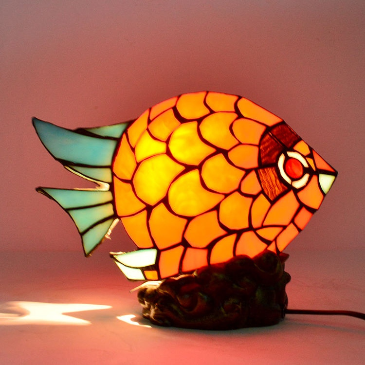 Tiffany Stained Glass Fish Accent Lamp with European Art Deco Design