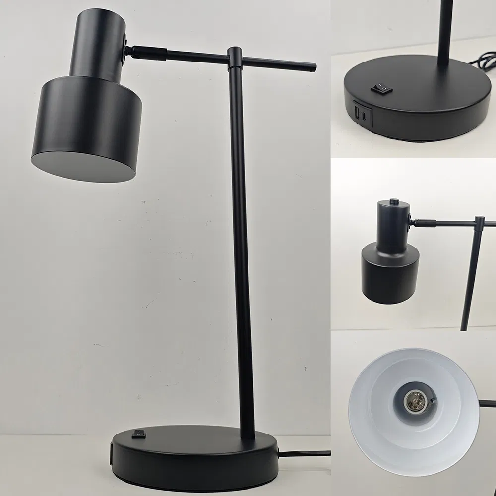 Modern Matte Black Task Lamp with USB C Charging Port Swivel Head Adjustable Head Direction Home Bedroom Nightstand Lamp