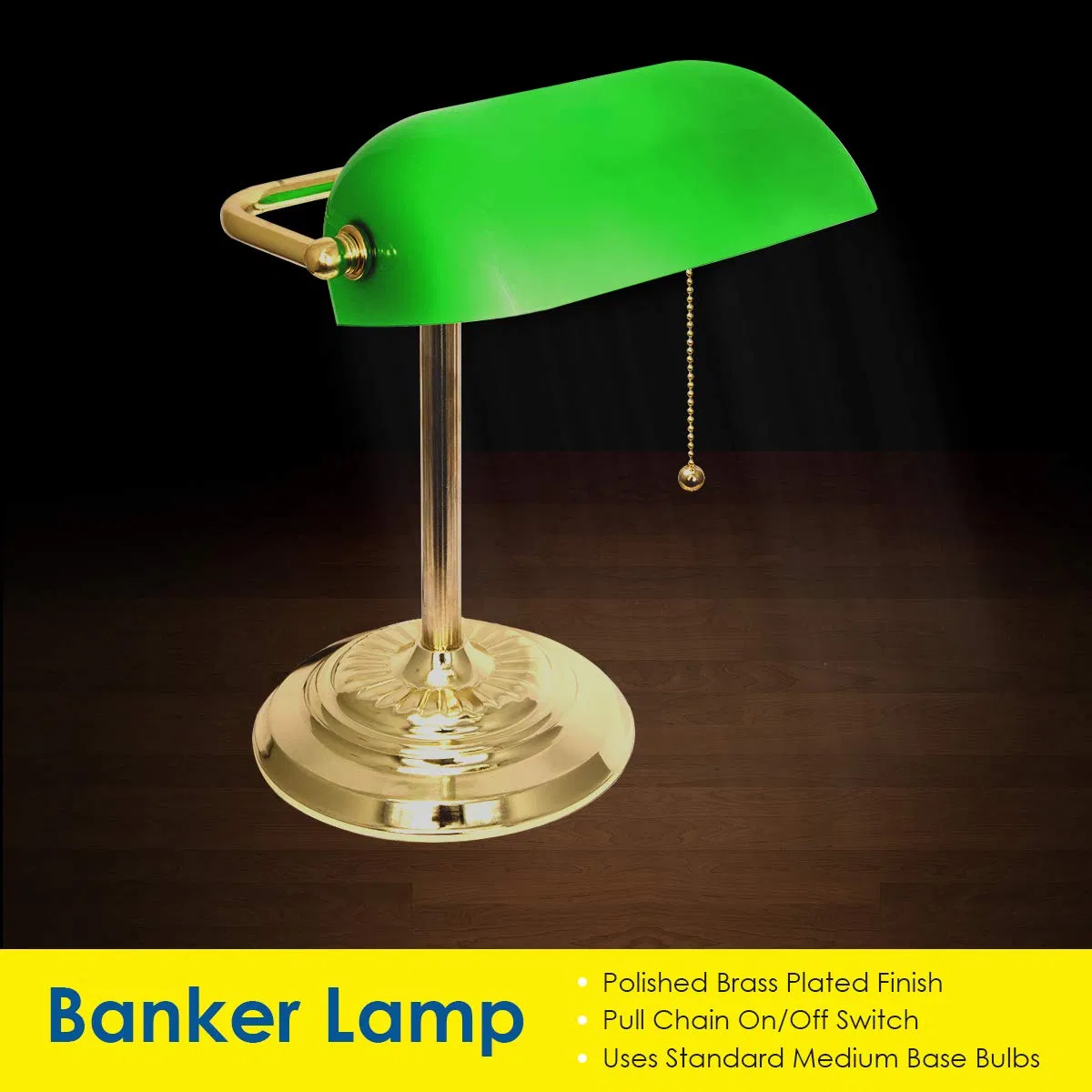 M1096b Antique Accent Polished Brass Banker Table Lamp with Green Glass Shade