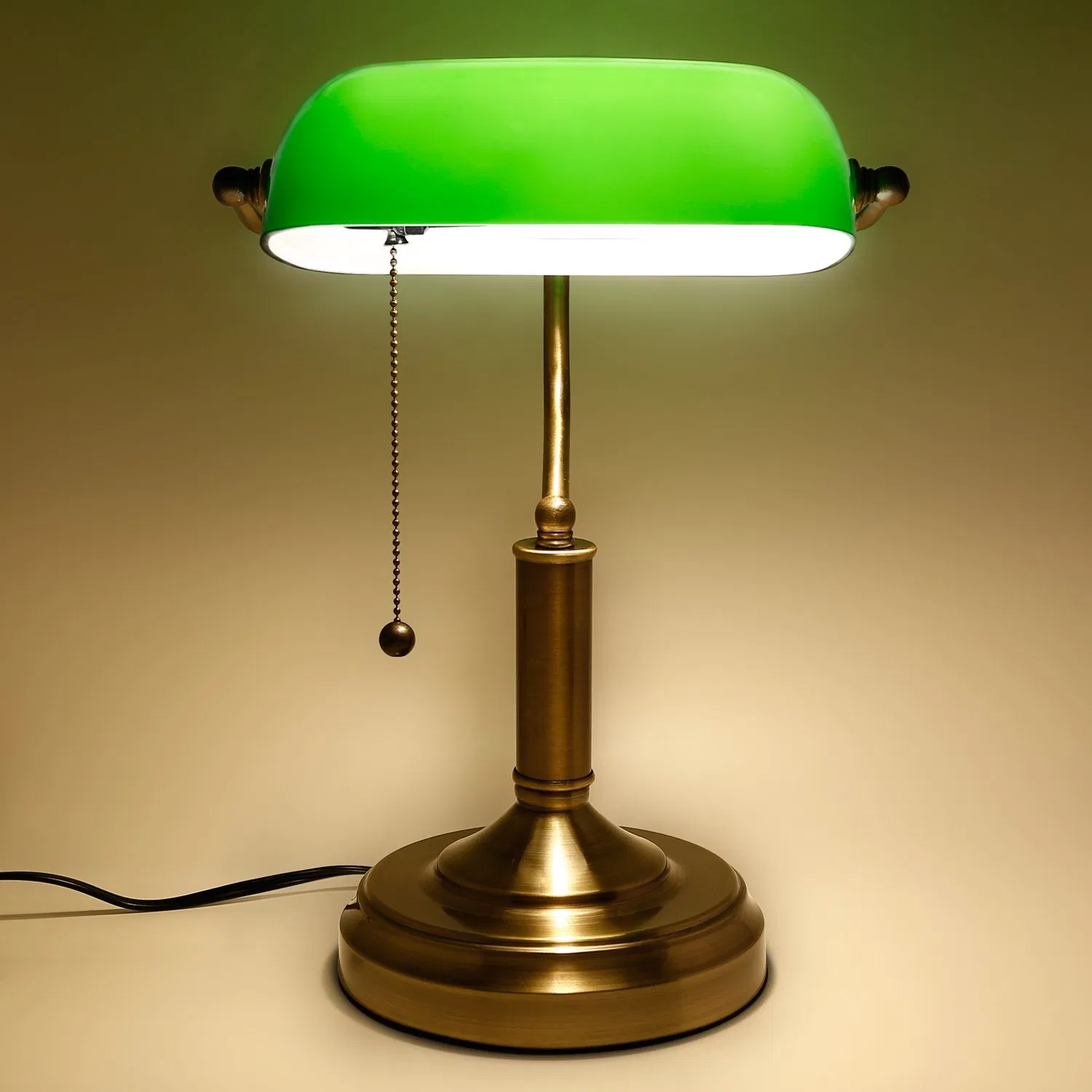 M-1096 Satin Brass Traditional Banker Lamp Antique Style Emerald Green Glass Desk Light
