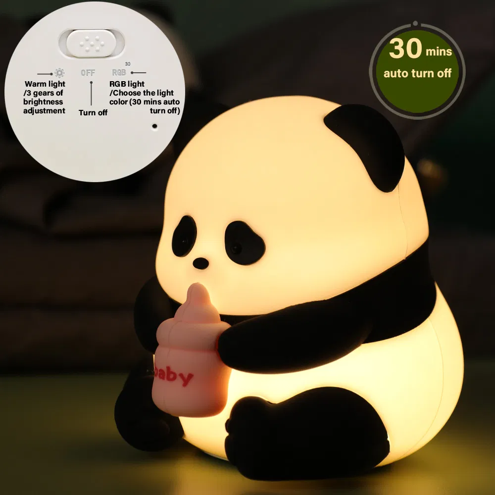 LED Cute Panda Night Light with 7 Colors, Dimmable Timer Nursery Panda Lamps, Super Squishy Silicone USB Rechargeable Touch Control Night Lamp