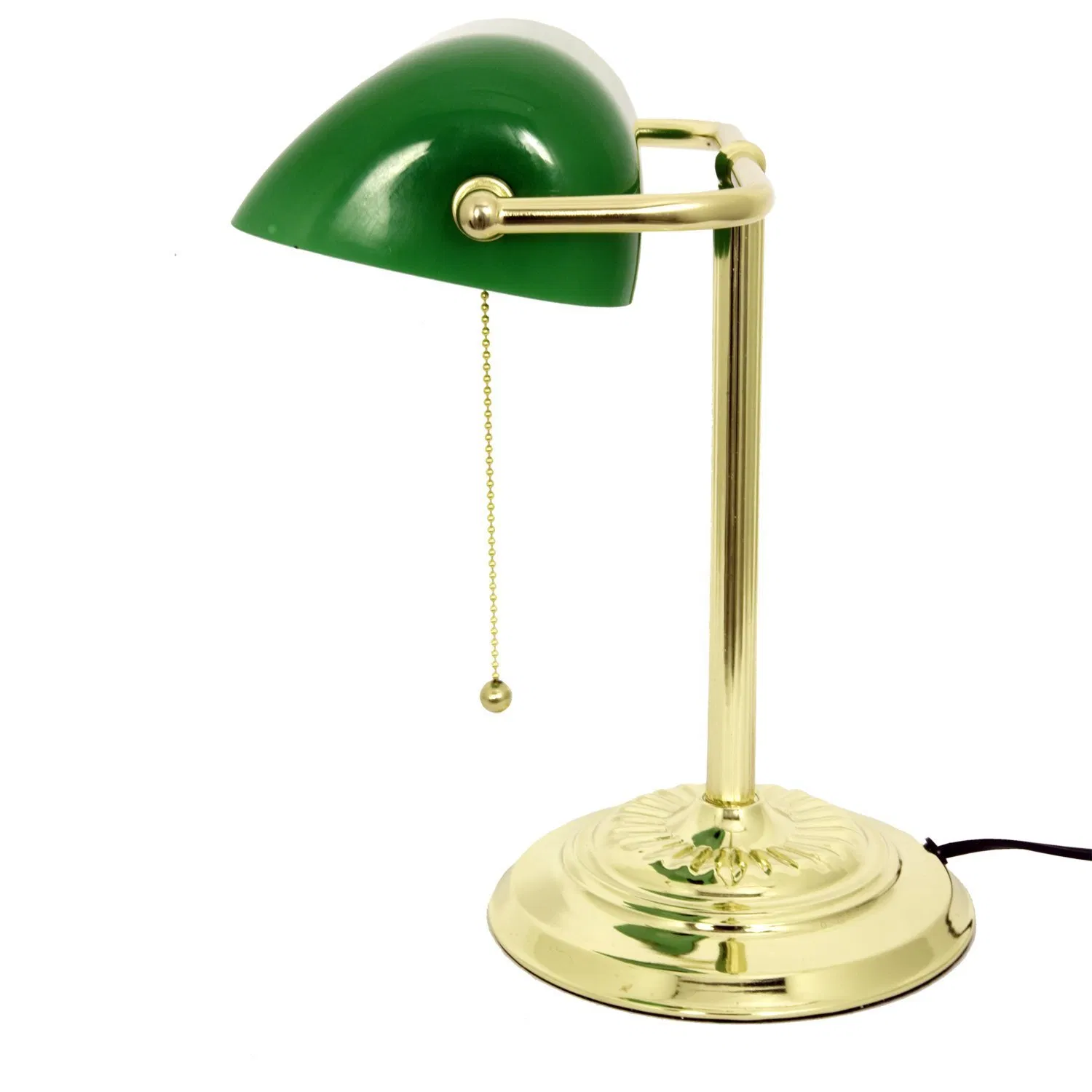 M1096b Antique Accent Polished Brass Banker Table Lamp with Green Glass Shade