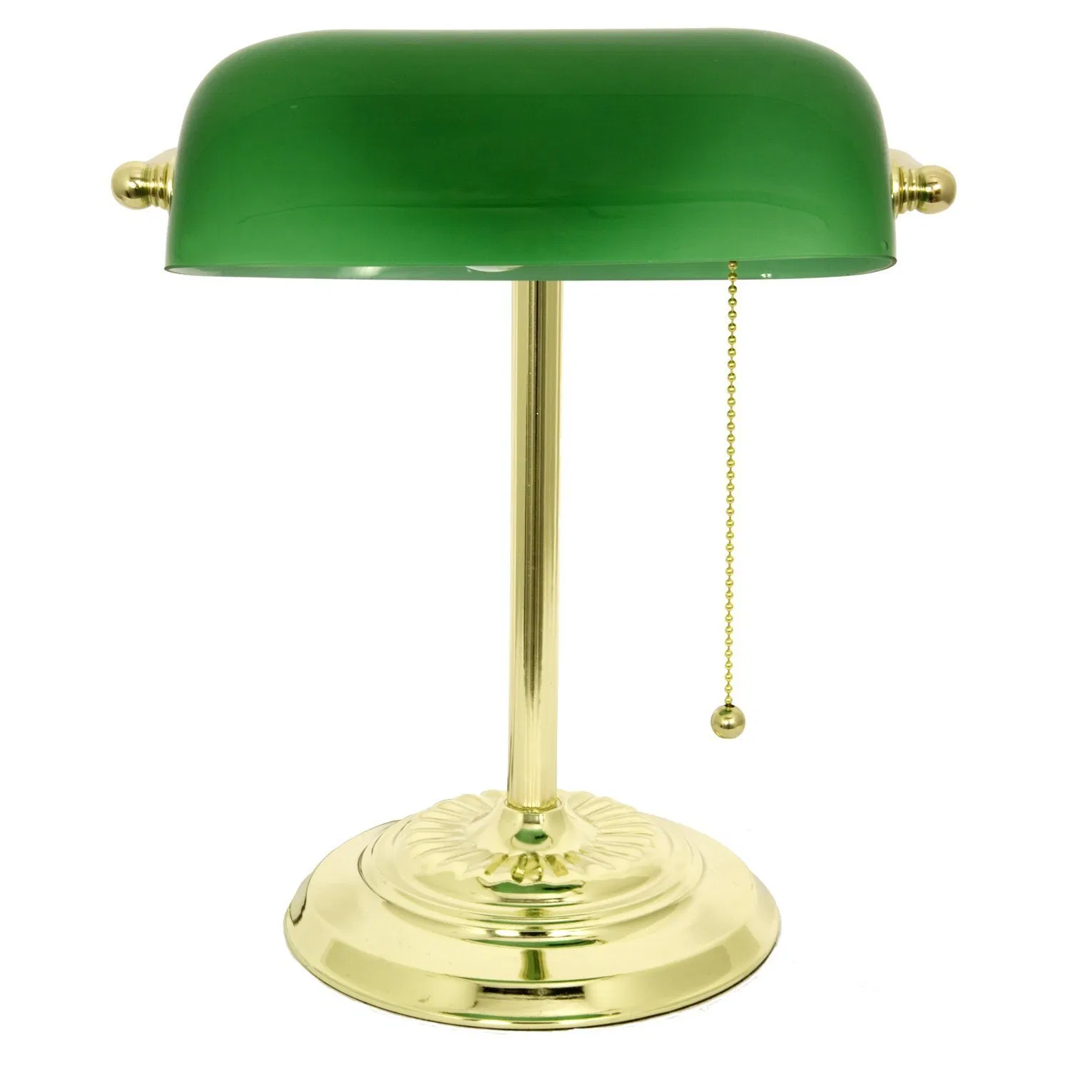 M1096b Antique Accent Polished Brass Banker Table Lamp with Green Glass Shade