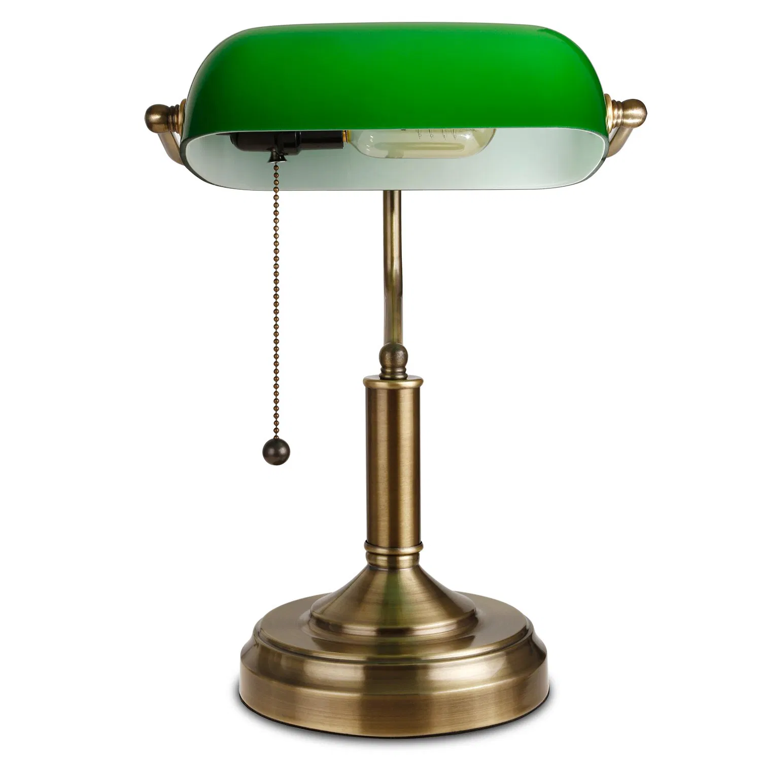 M-1096 Satin Brass Traditional Banker Lamp Antique Style Emerald Green Glass Desk Light