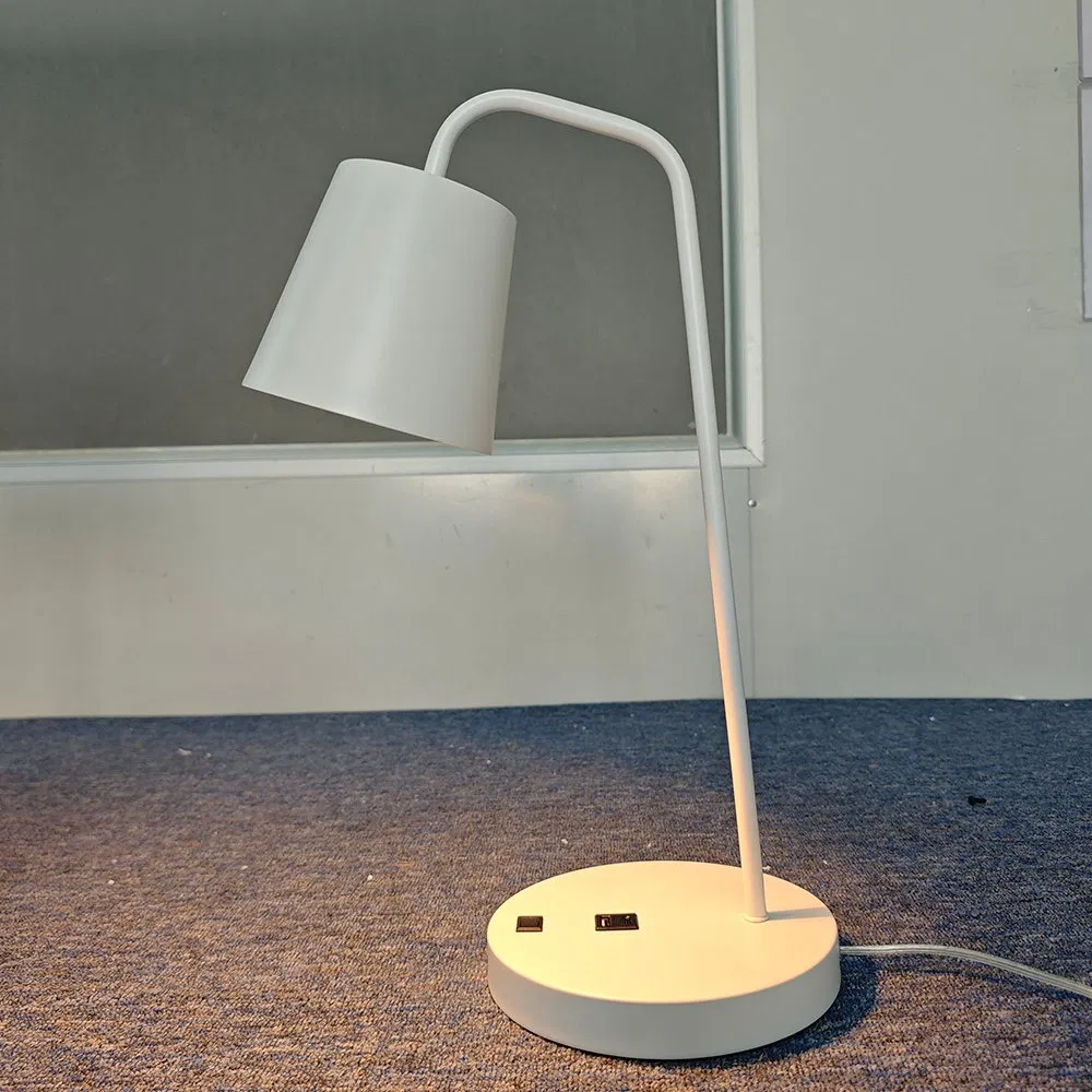 Modern Nordic Task Lamp Matte White Hospitality Hotel Guestroom Reading Desk Lamp Bedside Nightstand Lamp with Double USB Port