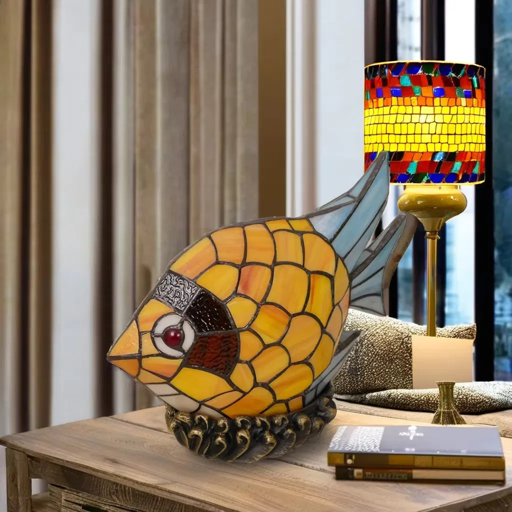 Tiffany Stained Glass Fish Accent Lamp with European Art Deco Design