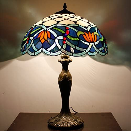 Tiffany Table Lamp Stained Glass Bedside Lamp Living Room Bedroom Tall Blue Lotus Luxurious Farmhouse Large Desk Light Industrial Retro Metal Base Memory Lam