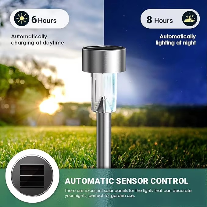 Luzes de Jardim LED Solares em Aço Inoxidável à Venda Direta IP65 Luzes de Estaca à Prova d'Água para Quintal, Pátio e Caminho com Ligação/Desligação Automática