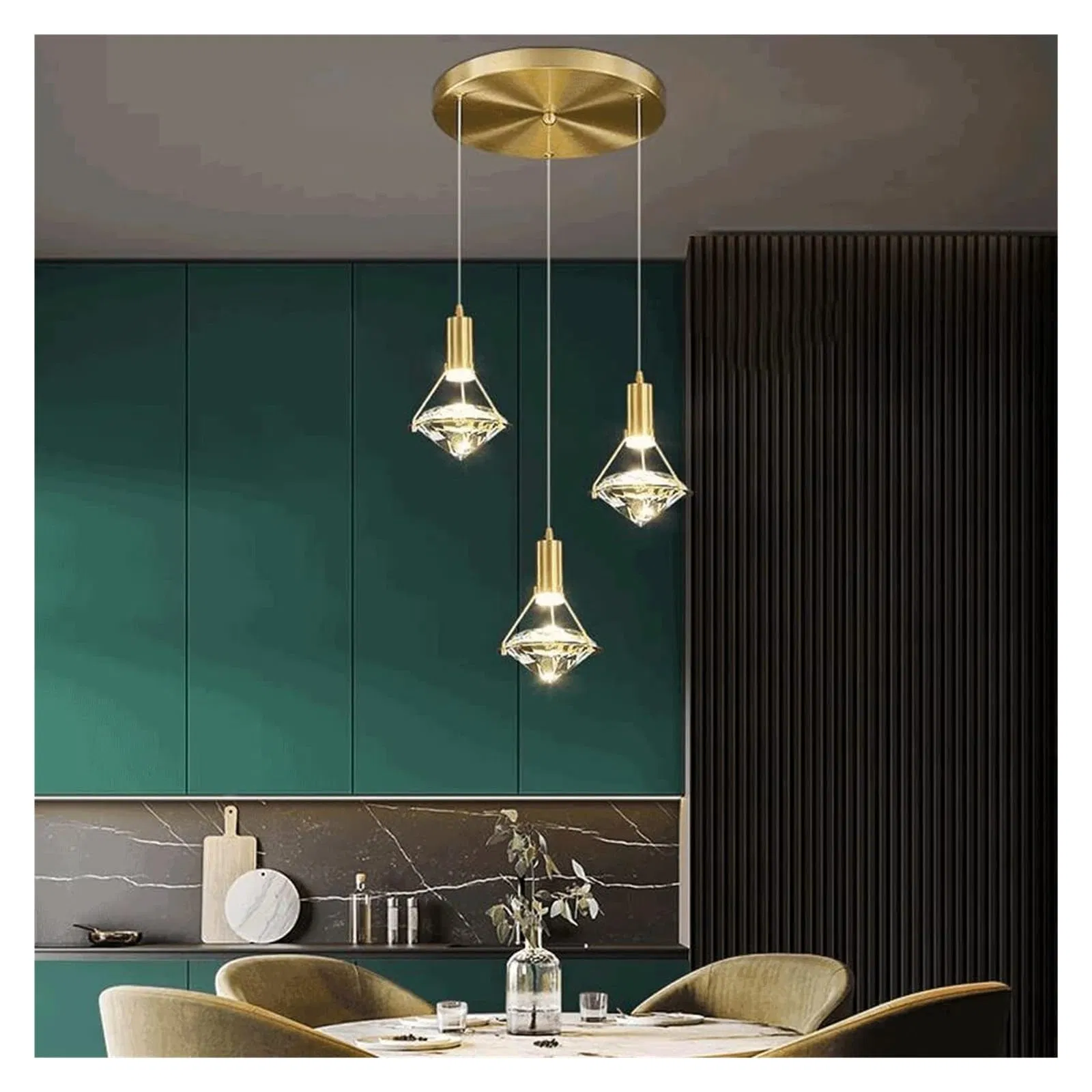 Luzes Pendentes de Cristal Cortado em Diamante e Latão (Conjunto de 3) : Iluminação Moderna Glamourosa)