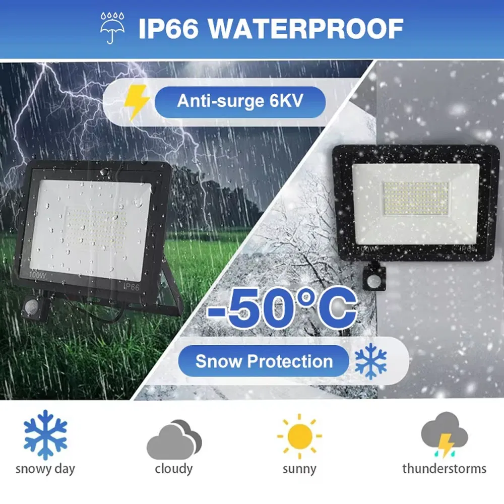 Iluminação Externa para Jardim Direto da Fábrica IP66 Sensor de Movimento em Alumínio à Prova d'Água 10W 20W 30W 50W 100W 150W 200W Luz de Inundação LED