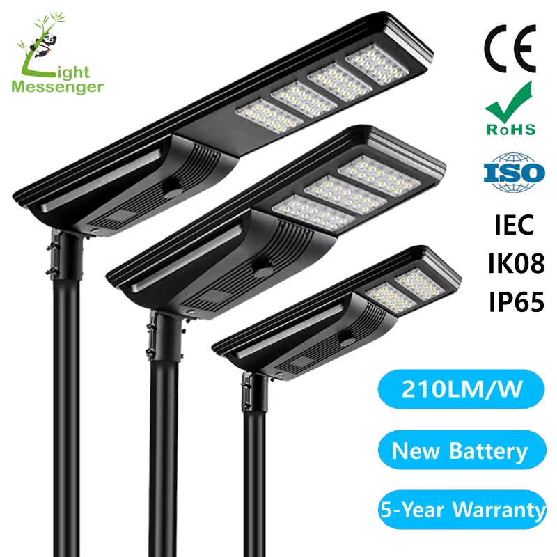 210lm/W Fábrica de Projetos de Qualidade 60W/80W/100W/150W/200W/300W Lâmpada de Rua Solar Integrada com Painel Solar, Tudo em Um, Lâmpada de Rua LED Solar para Exterior
