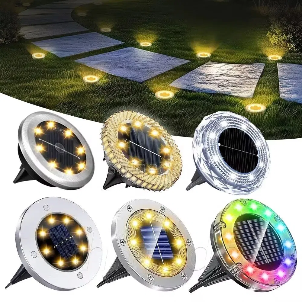 Luz Solar de Pavimento IP65 à Prova d'Água para Jardim com Energia Solar 8 LED 10LED Lâmpada de Decoração para Pátio e Gramado Luz Solar LED de Disco para Jardim no Solo