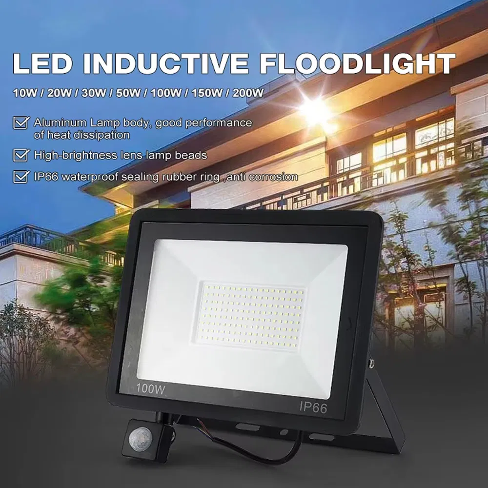 Iluminação Externa para Jardim Direto da Fábrica IP66 Sensor de Movimento em Alumínio à Prova d'Água 10W 20W 30W 50W 100W 150W 200W Luz de Inundação LED