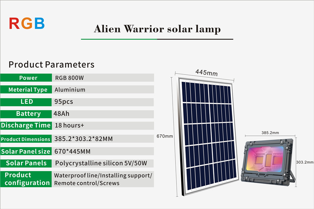 800W Luzes de Inundação LED Solar RGB para Jardim, Refletor Solar de Alta Qualidade e Impermeável para Exterior