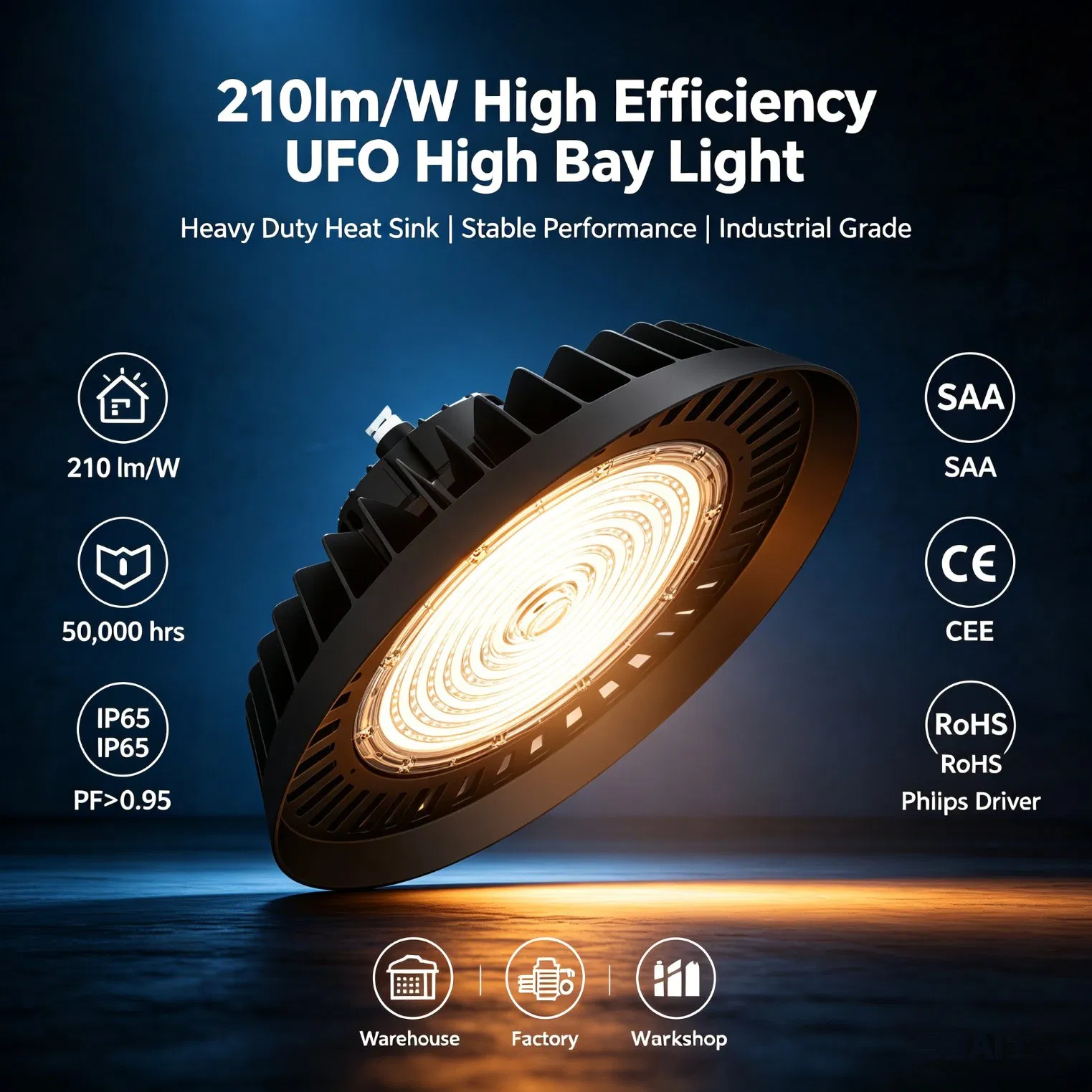 IP65 Luz LED UFO de Alta Potência para Armazém Iluminação Logística Interna Luz de Estádio 100W 150W 200W Luz Industrial LED CE RoHS SAA