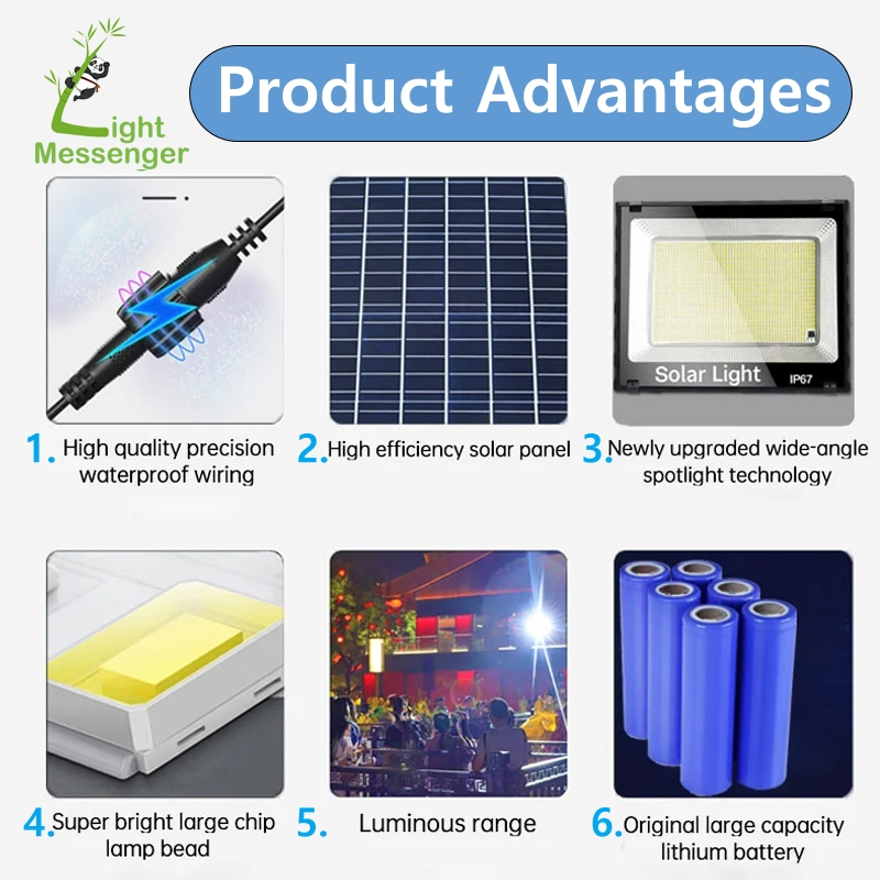 Preço de Fábrica do Mensageiro de Luz Lâmpada LED Solar Alimentada por Energia IP66 À Prova d'Água para Estádio ao Ar Livre, Estacionamento, Jardim, Quadra 100W 200W 300W Luzes de Inundação Solar SMD
