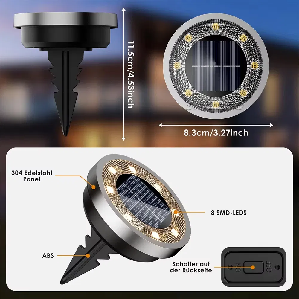 Luz Solar de Pavimento IP65 à Prova d'Água para Jardim com Energia Solar 8 LED 10LED Lâmpada de Decoração para Pátio e Gramado Luz Solar LED de Disco para Jardim no Solo