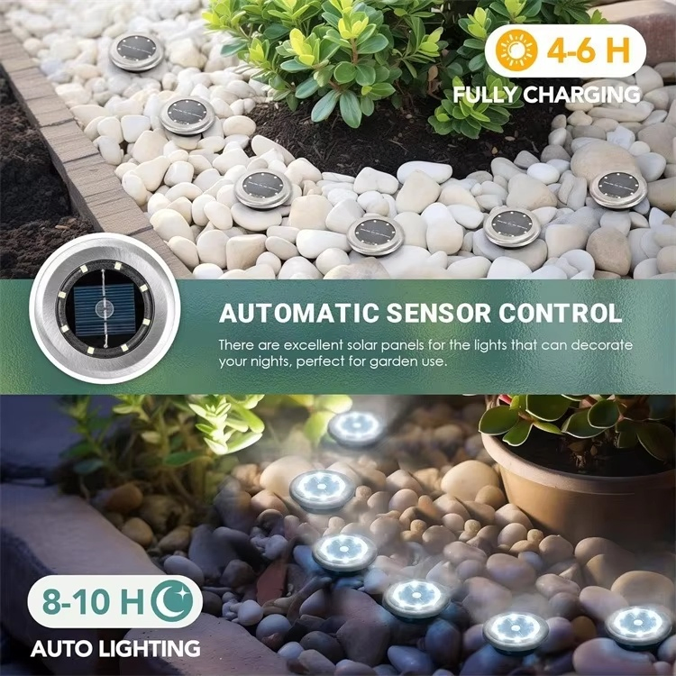 Luz Solar de Pavimento IP65 à Prova d'Água para Jardim com Energia Solar 8 LED 10LED Lâmpada de Decoração para Pátio e Gramado Luz Solar LED de Disco para Jardim no Solo