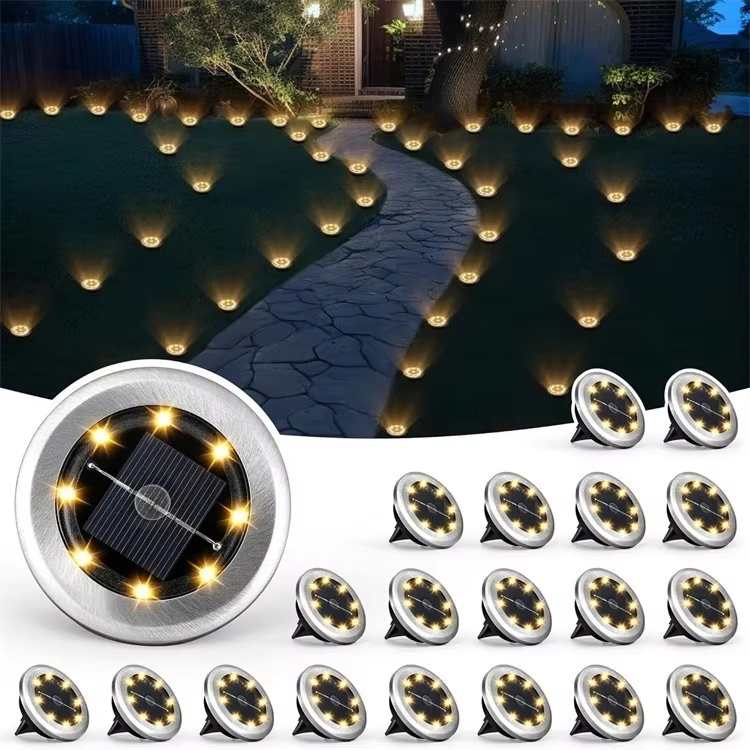 Luz Solar de Pavimento IP65 à Prova d'Água para Jardim com Energia Solar 8 LED 10LED Lâmpada de Decoração para Pátio e Gramado Luz Solar LED de Disco para Jardim no Solo