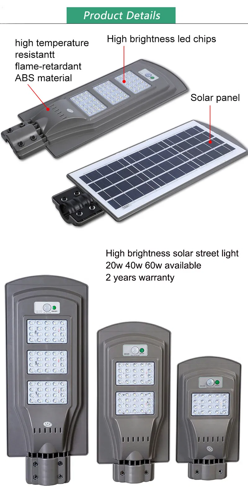 Hepu 40W/50W/60W/80W/100W/120W IP65 Fábrica de Iluminação Solar LED de Rua com Sensor Integrado para Exterior