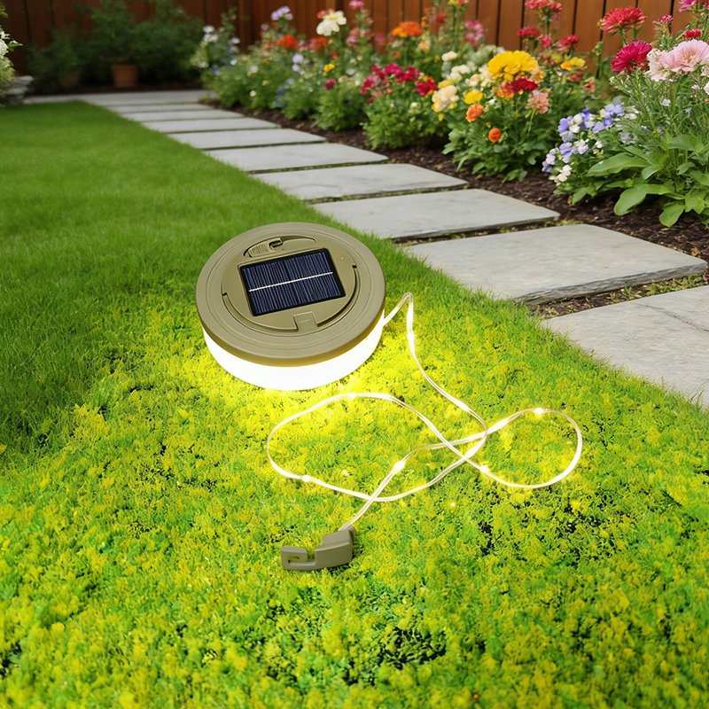 Lanterna de Camping Multifuncional Solar e Recarga USB com 10m Luz de Cordão Ipx4 Lâmpada LED Portátil para Camping ao Ar Livre, Decoração de Pátio e Jardim
