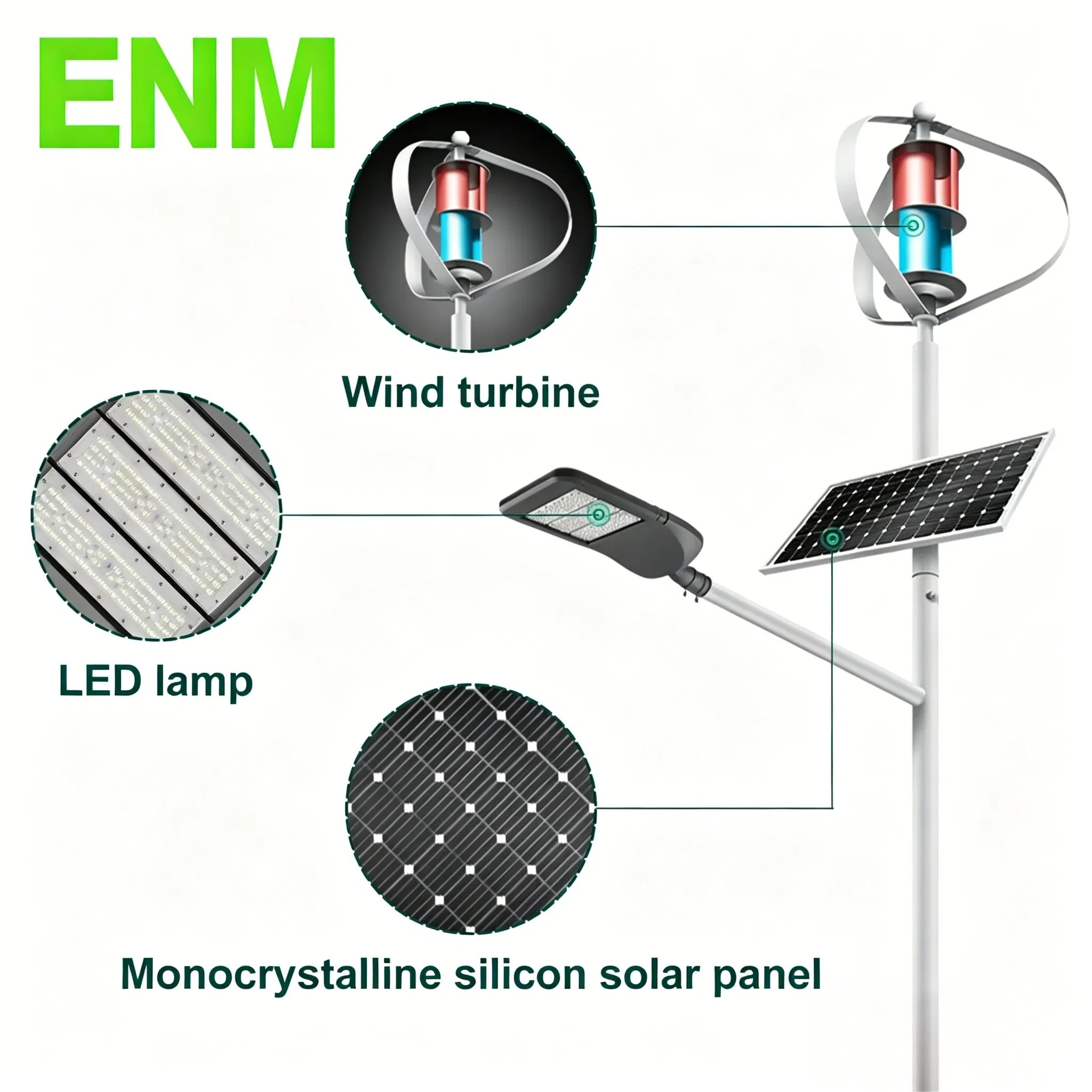 10m 60W Luminária de Rua Híbrida Solar Eólica Tipo Separado (Tipo Separado, Componentes Separados)