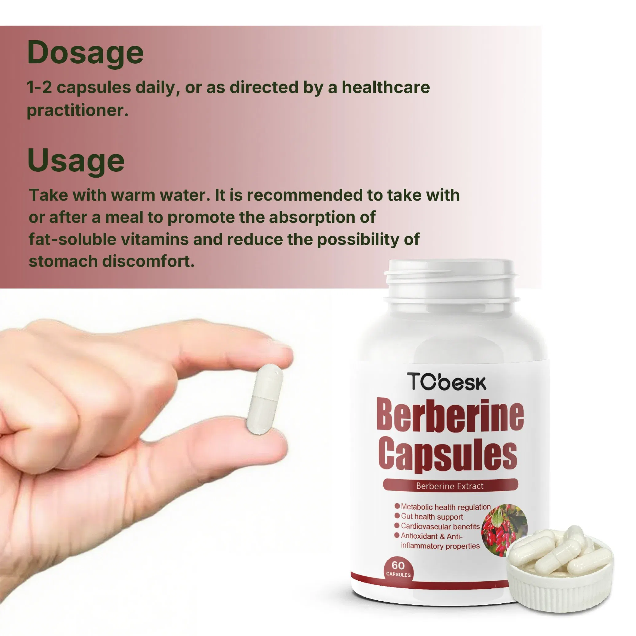 Natural Berberine HCl Capsules Herbal Supplement for Blood Sugar Support, Cholesterol, Weight Management