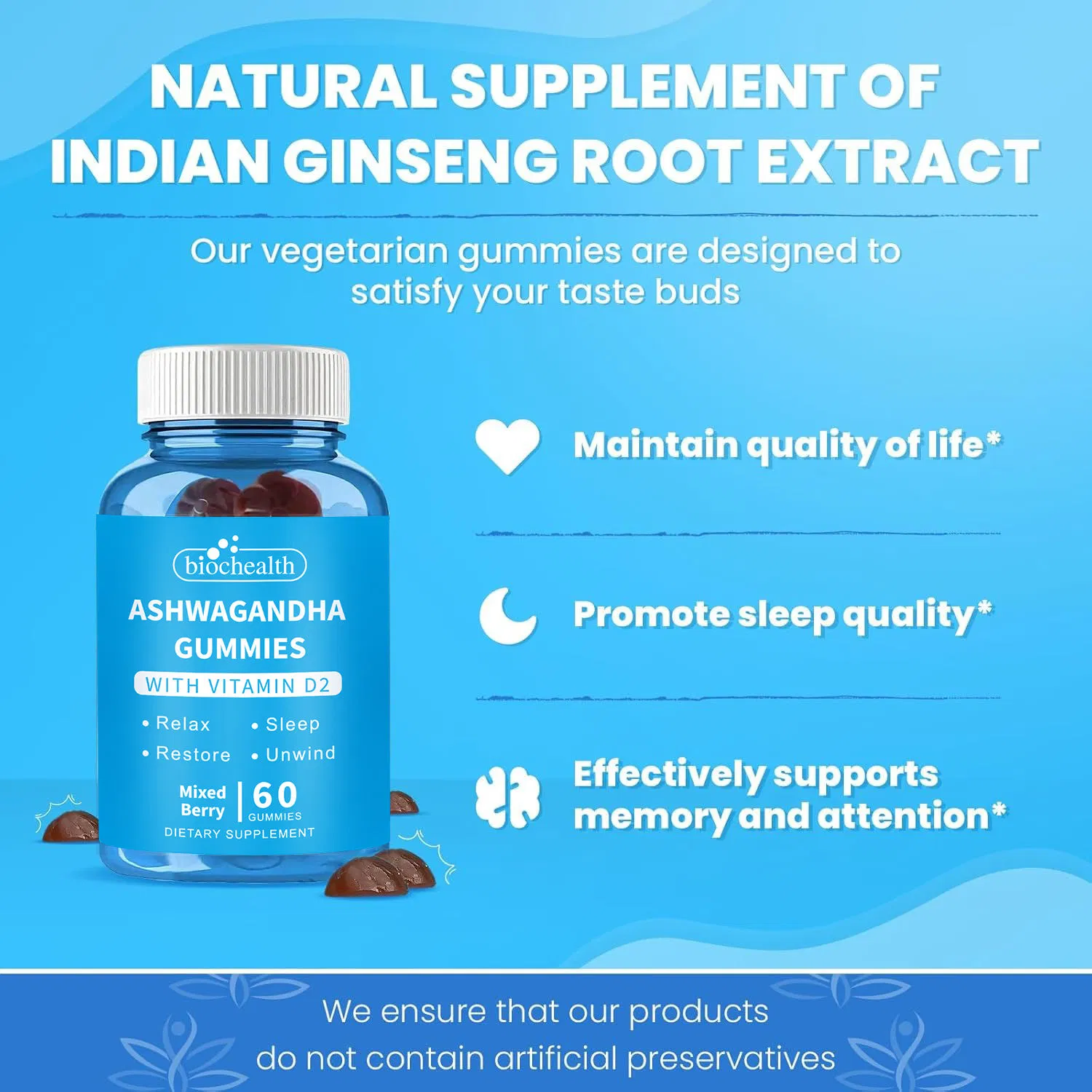 Manufacturer Private Label Ashwagandha Gummies Vitamin D Supplement Sea Moss &amp; Black Seed Oilformula, Stress Relief &amp; Sleep Aid