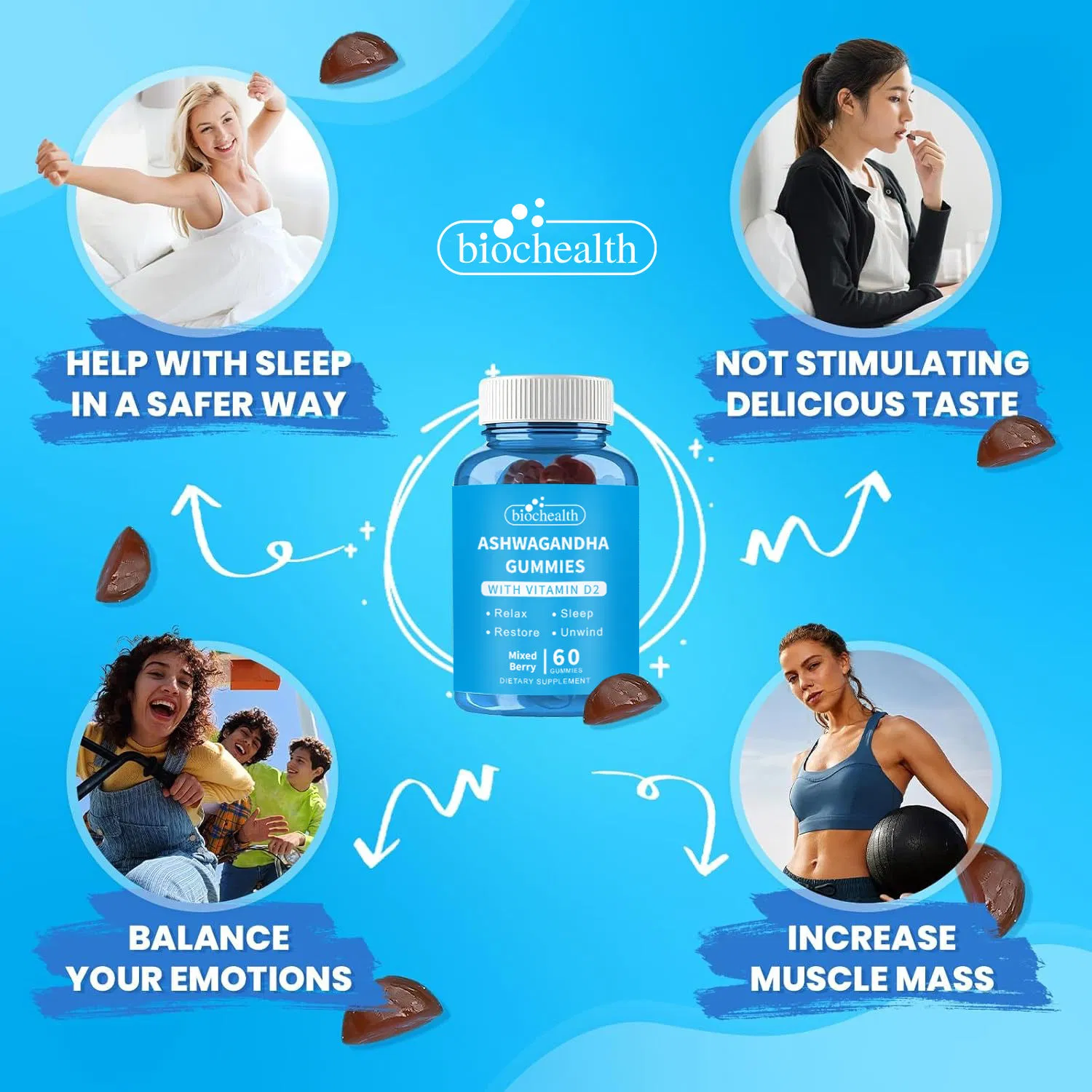 Manufacturer Private Label Ashwagandha Gummies Vitamin D Supplement Sea Moss &amp; Black Seed Oilformula, Stress Relief &amp; Sleep Aid