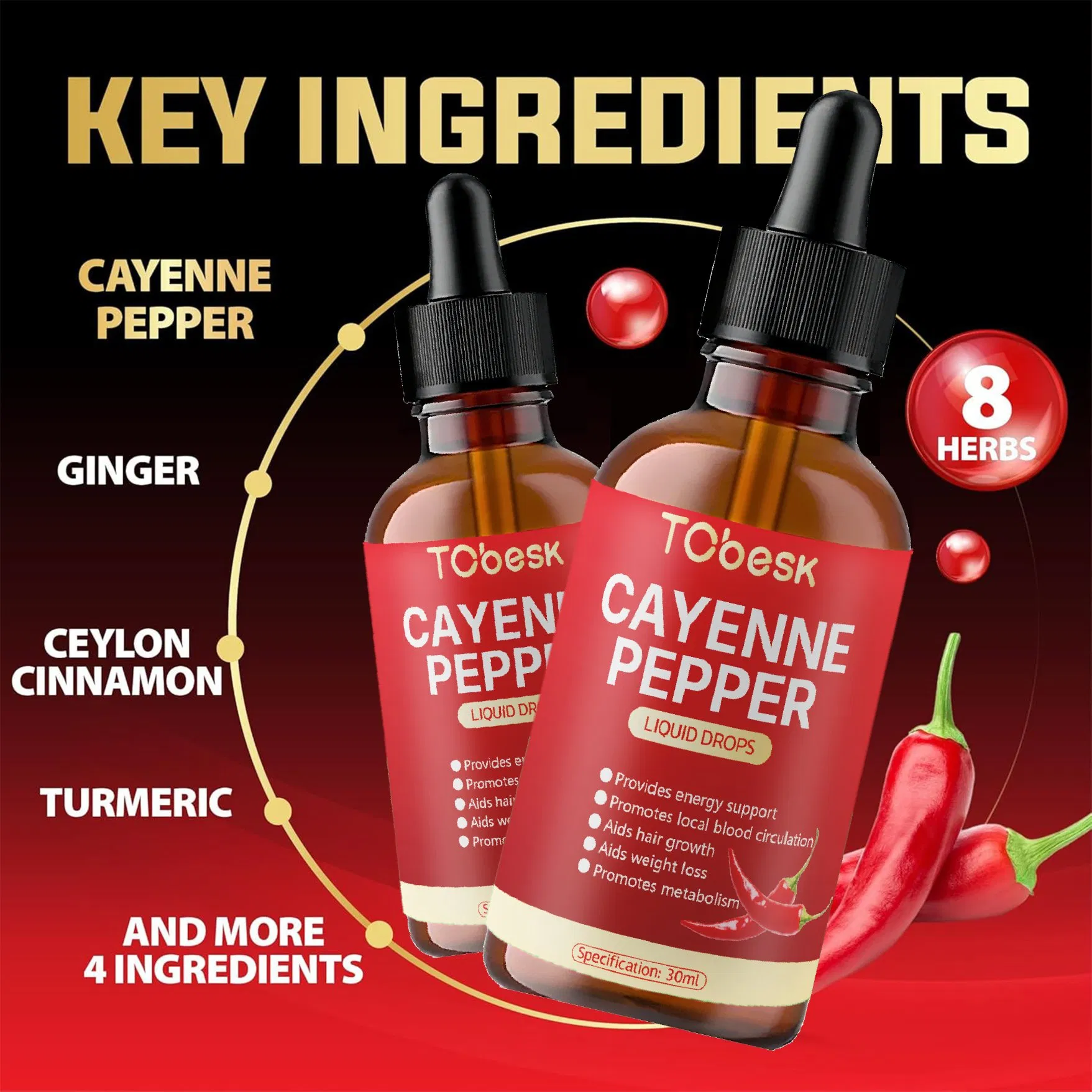 Natural Chili Extract Drops Liquid Supplement for Metabolism Boost, Energy, Weight Management, and Digestion