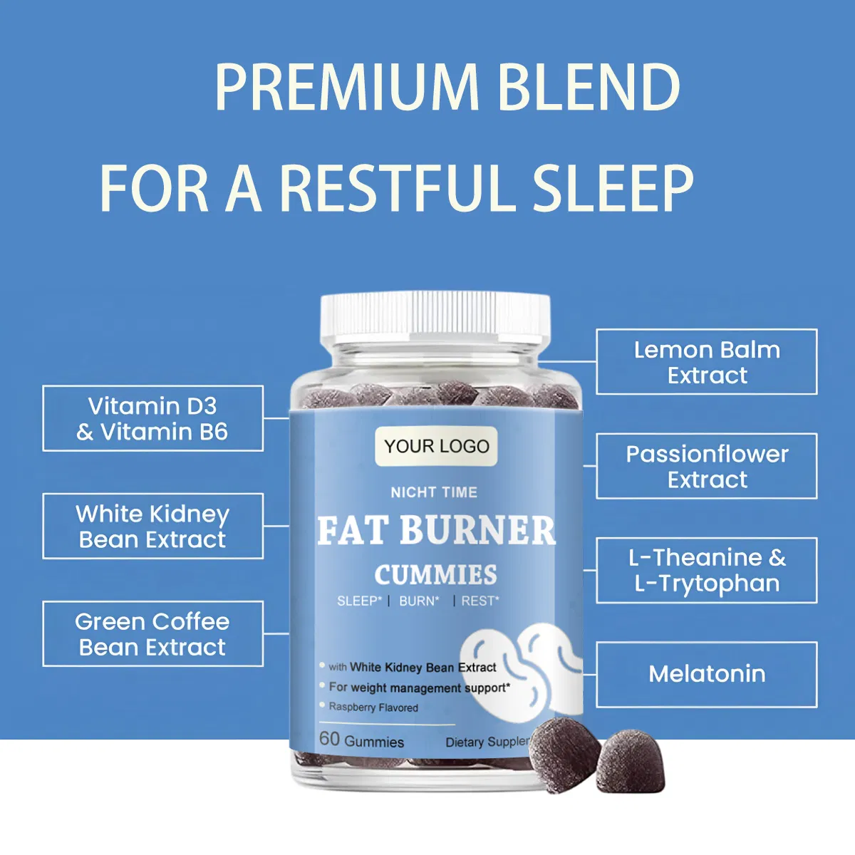 OEM ODM Custom Nighttime Fat Burning Gummies for Metabolism Support, Sleep Aid and Slimming Soft Gel Supplements