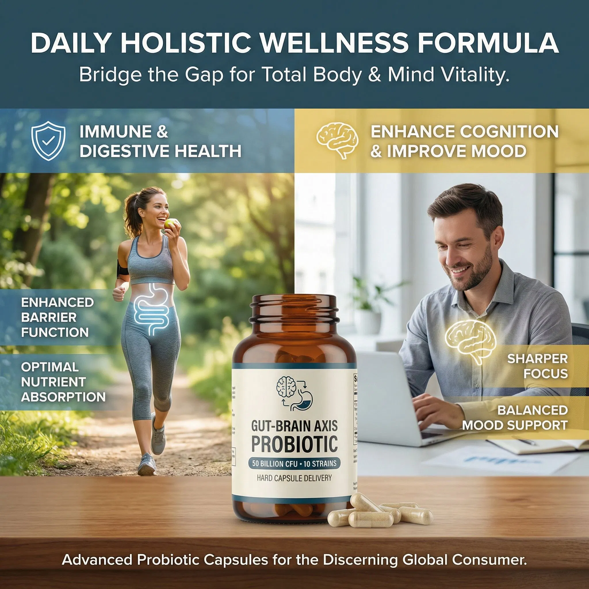 Immune Support &amp; Digestive Health with 10-Strain, 50 Billion Cfu for Cognitive Enhancement &amp; Mood Balance - Gut-Brain Axis Probiotic Capsules
