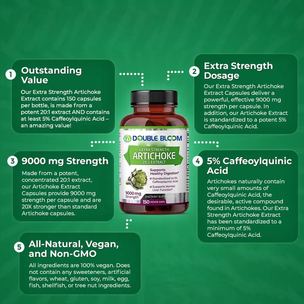 Extra Strength Artichoke 20: 1 Extract, 9000 Mg Strength, Support Digestion Health, Supplement Normal Liver Function for Adult