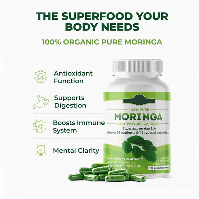 OEM 100% Pure Herbal Moringa Leaf Extract Powder Capsules Moringa Organic Supplements for Weight Management Antioxidants, Digestion