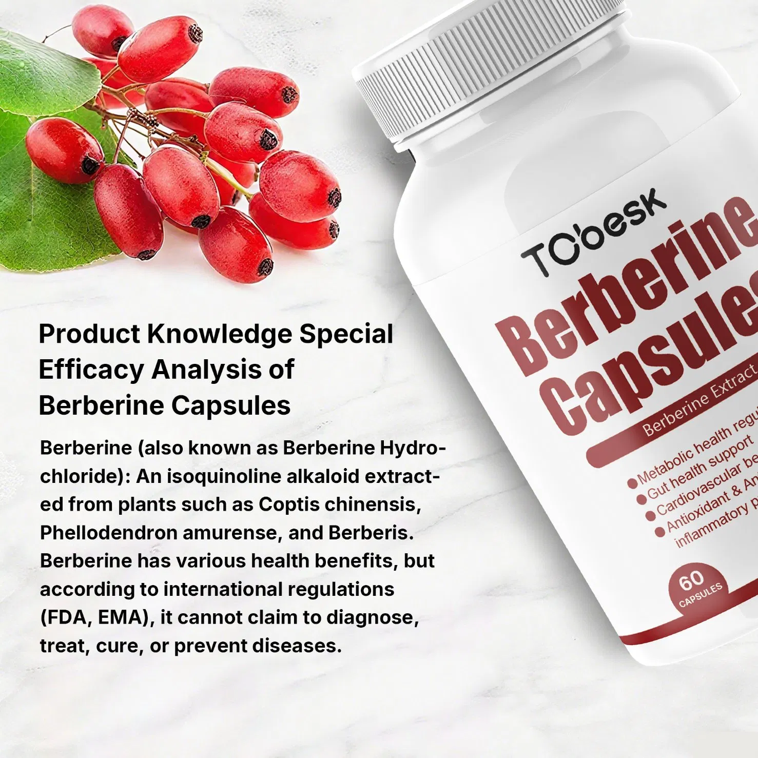 Natural Berberine HCl Capsules Herbal Supplement for Blood Sugar Support, Cholesterol, Weight Management