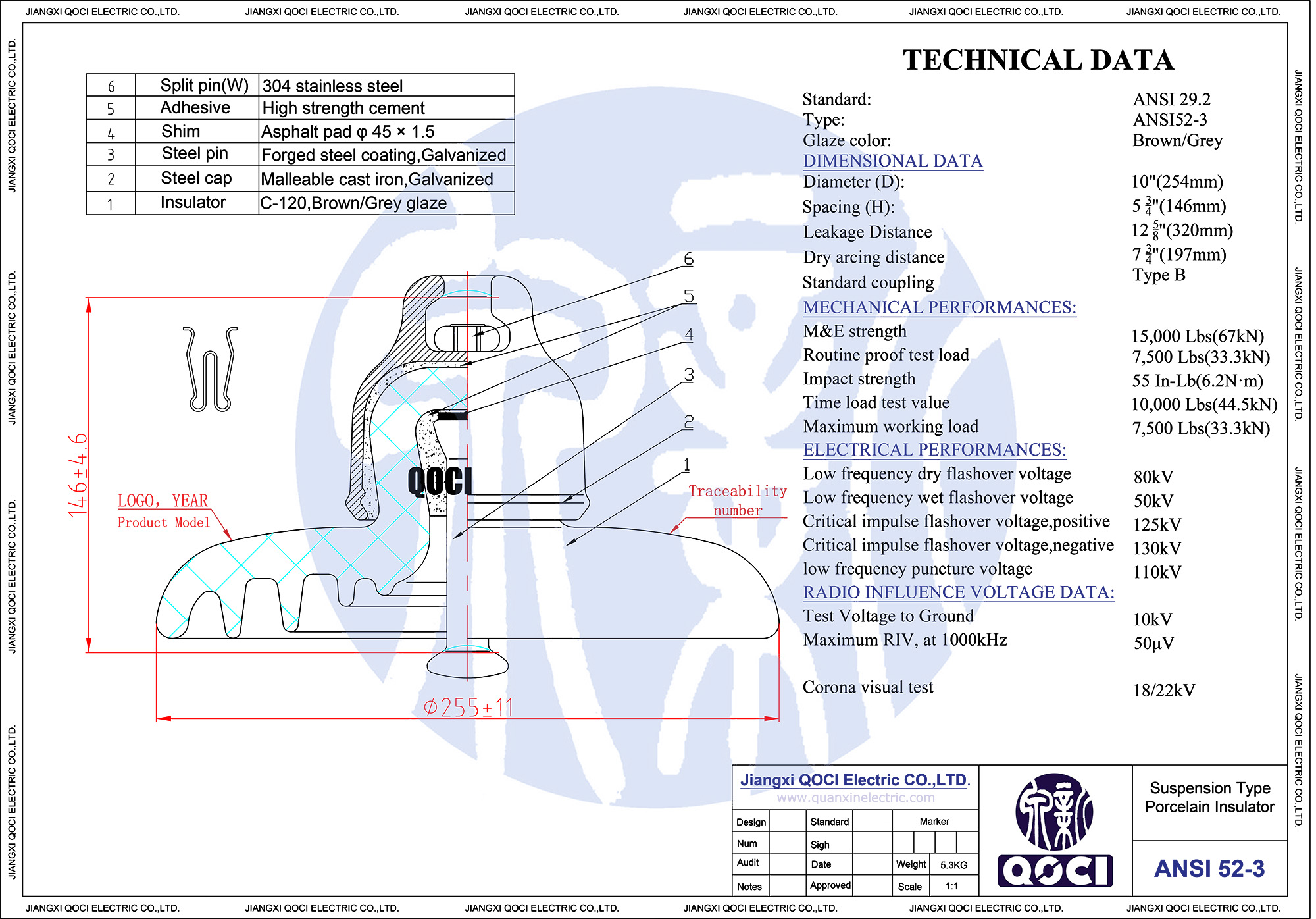 ANSI 52-3 Porcelain Insulator Product drawing