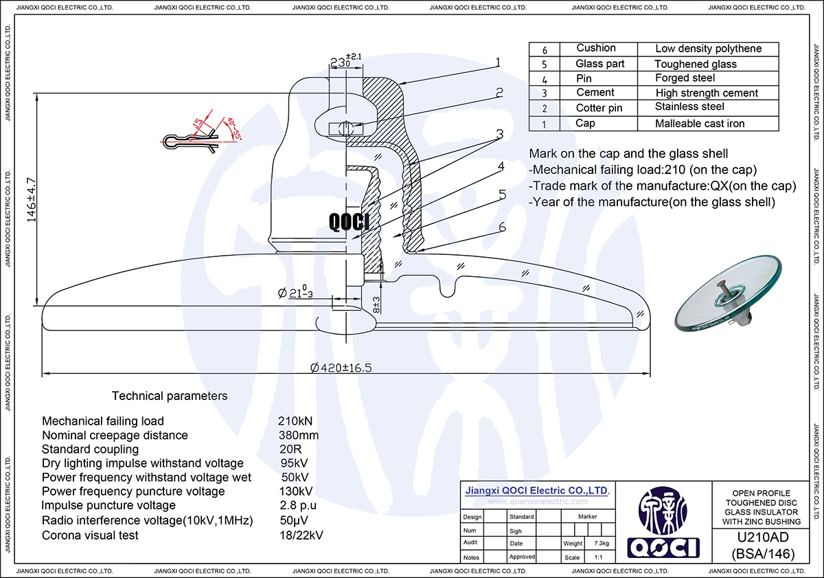 Technical Drawing of Glass Insulator U210AD146