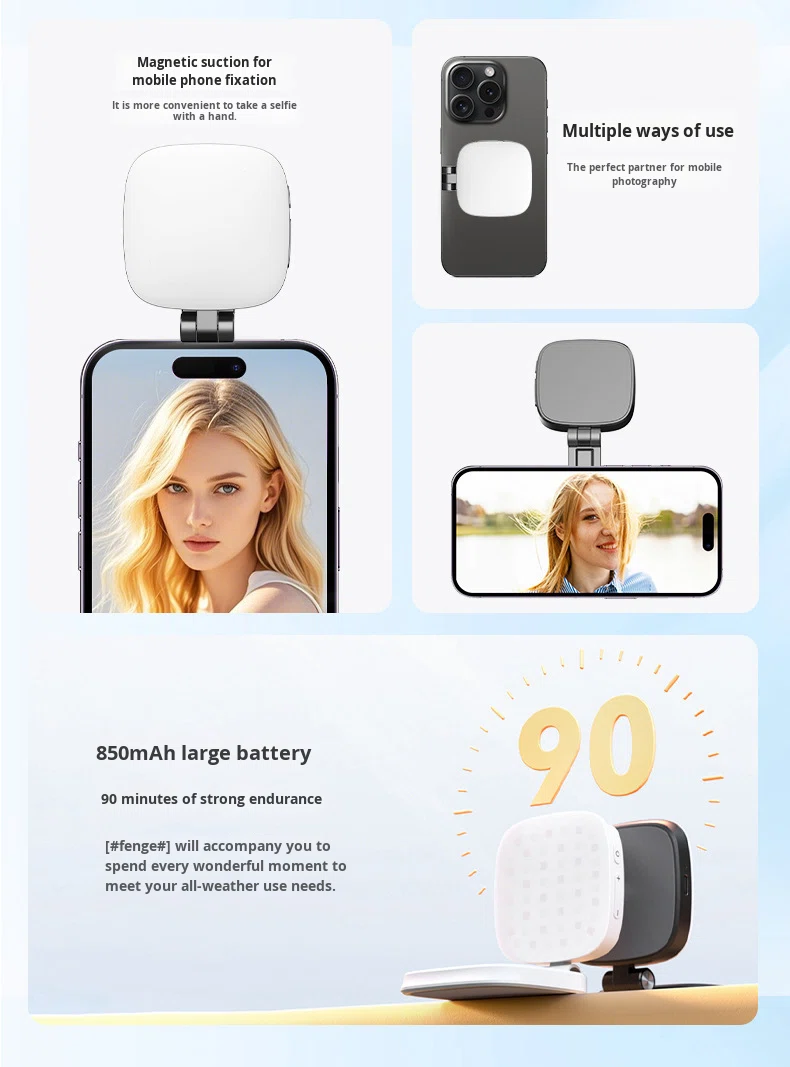 Cross-Border Pocket Light Magnetic Phone Fill Light Mirror Mini Clip-On Adjustable Color Temperature 3000K-6500K Battery-Powered